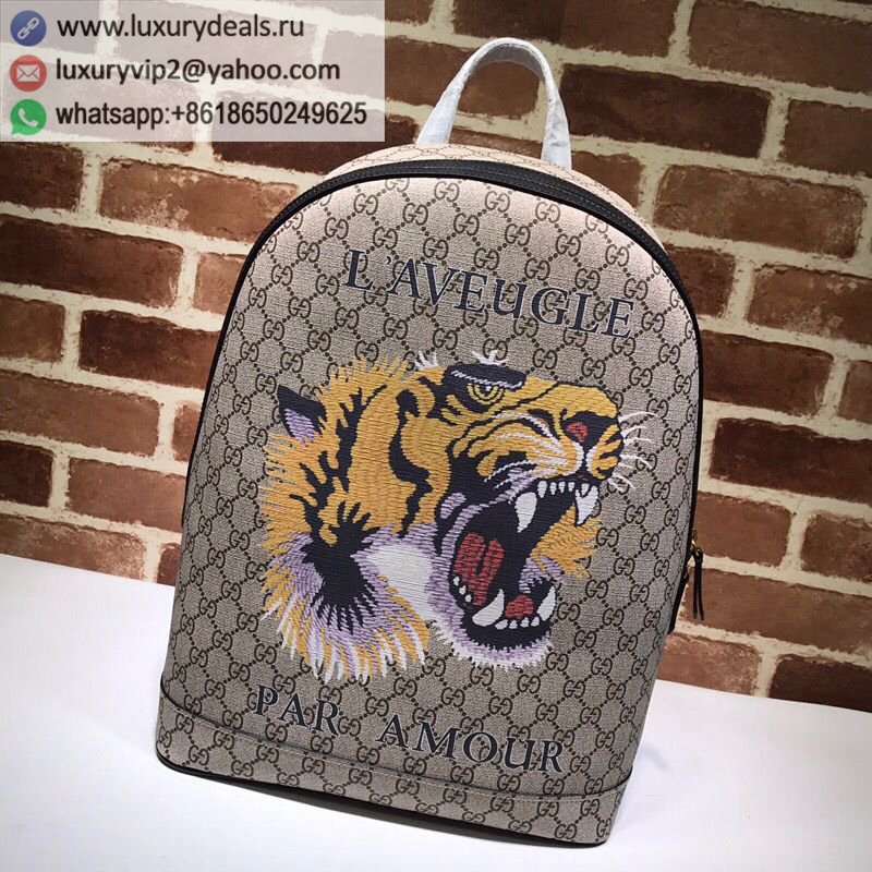 GUCCI GG canvas embellished black leather tiger head pattern backpack 419584