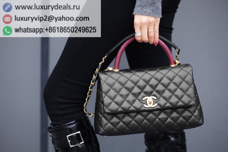 Chanel Coco Handle 28CM Black with Wine Red Lizard A92993