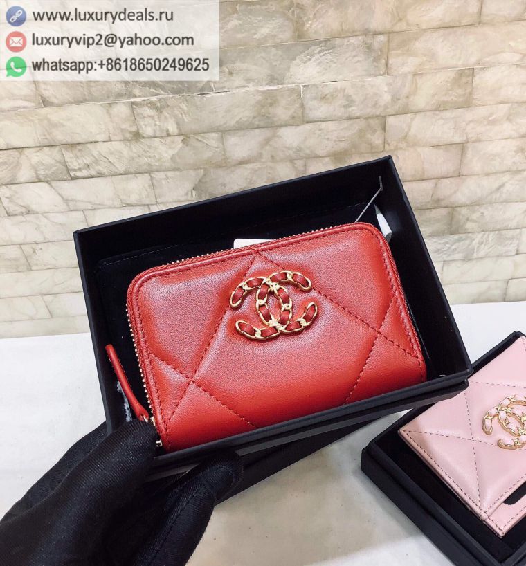CHANEL Classic 19 Gold CC logo Zip Card Holder AP0949 Red