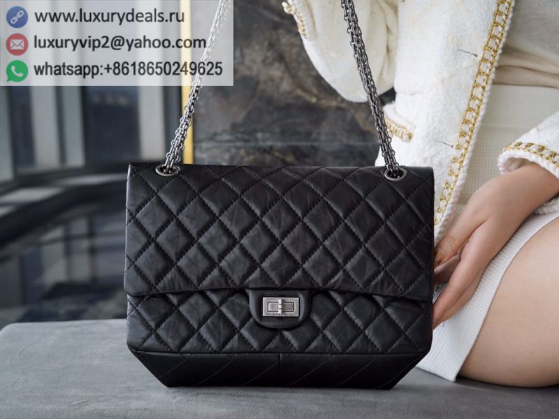 CHANEL 2.55 Large Flap Bags A37587 Black Silver Buckle