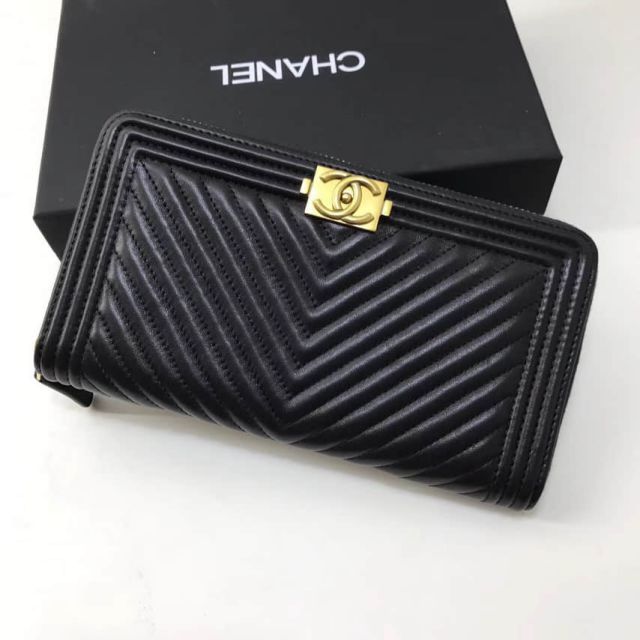 CC Gold Black V Soft Leather Long Zip A80288 Wallets Women Bags