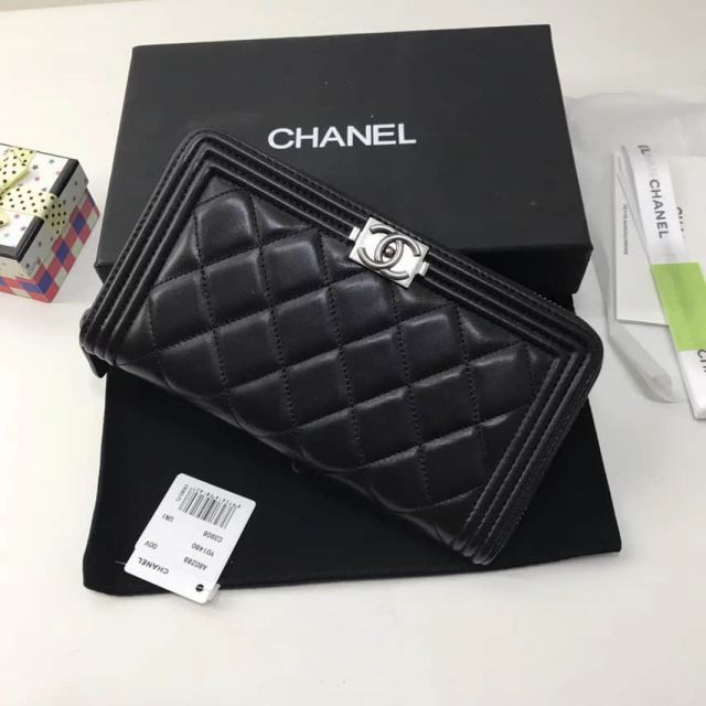 CC Silver Black Soft Leather Long Zip A80288 Wallets Women Bags