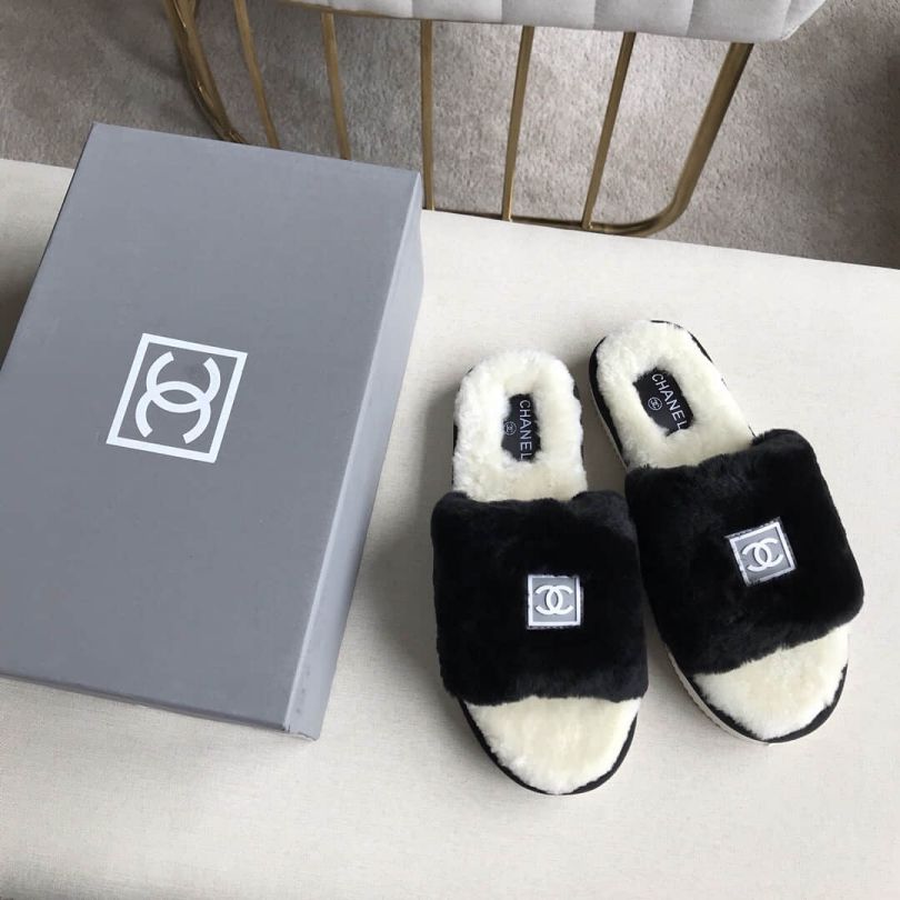 CC 2018 Fur Leather Slippers Women Shoes