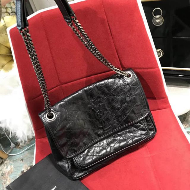 YSL NIKI Medium Vintage Black Leather Bag on Chain Shoulder Bags