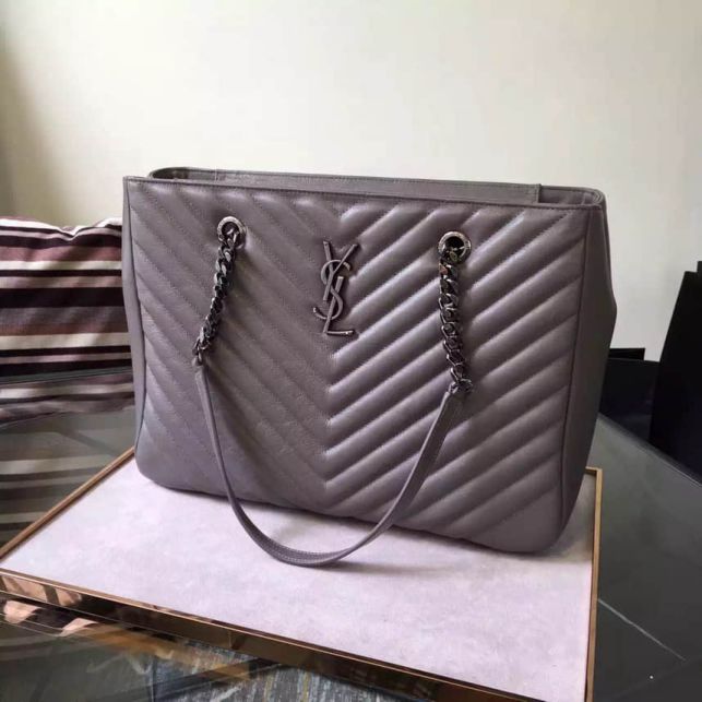 YSL Classic Large MONOGRAM Grey Leather Shopper Tote Bags