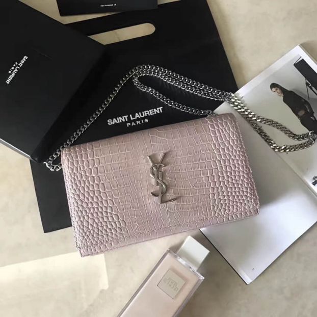 YSL Pink Leather Crocodile Pattern Bag on Chain 442015E Shoulder Bags