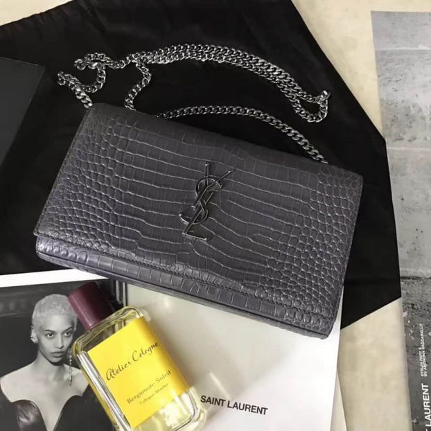 YSL Grey Leather Crocodile Pattern Bag on Chain 442015E Shoulder Bags
