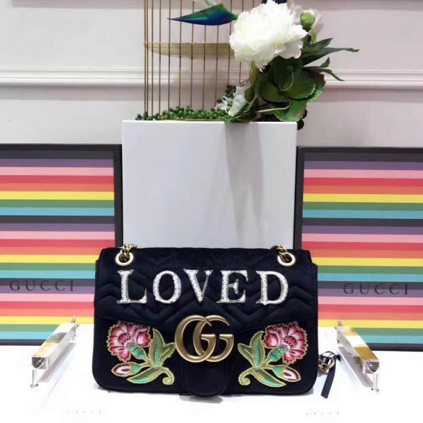 GG Marmont Embroidery Pearl Velvet Chain 443496 K4DLT 1093 Women Shoulder Bags