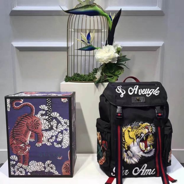 GG 429037 Embroidery Techpack Black Canvas Embroidery Tiger Men Backpack Bags