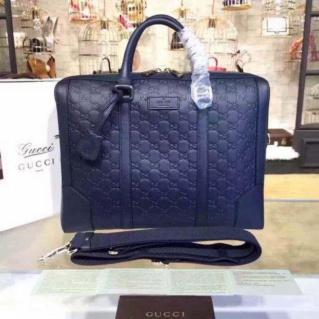 GG 406384 GG Embossed Leather Tote Blue Men Briefcases