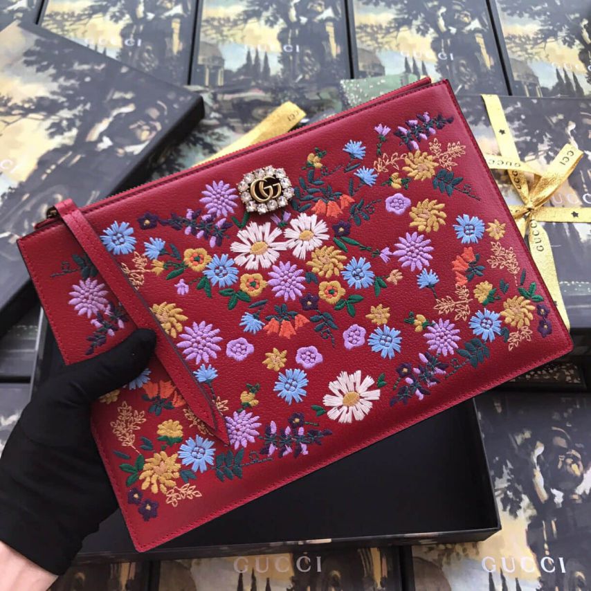 GG Embroidery 499310 Red Leather Women Clutch Bags