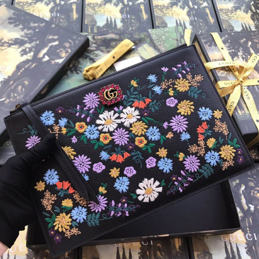 GG Embroidery 499310 Black Leather Women Clutch Bags