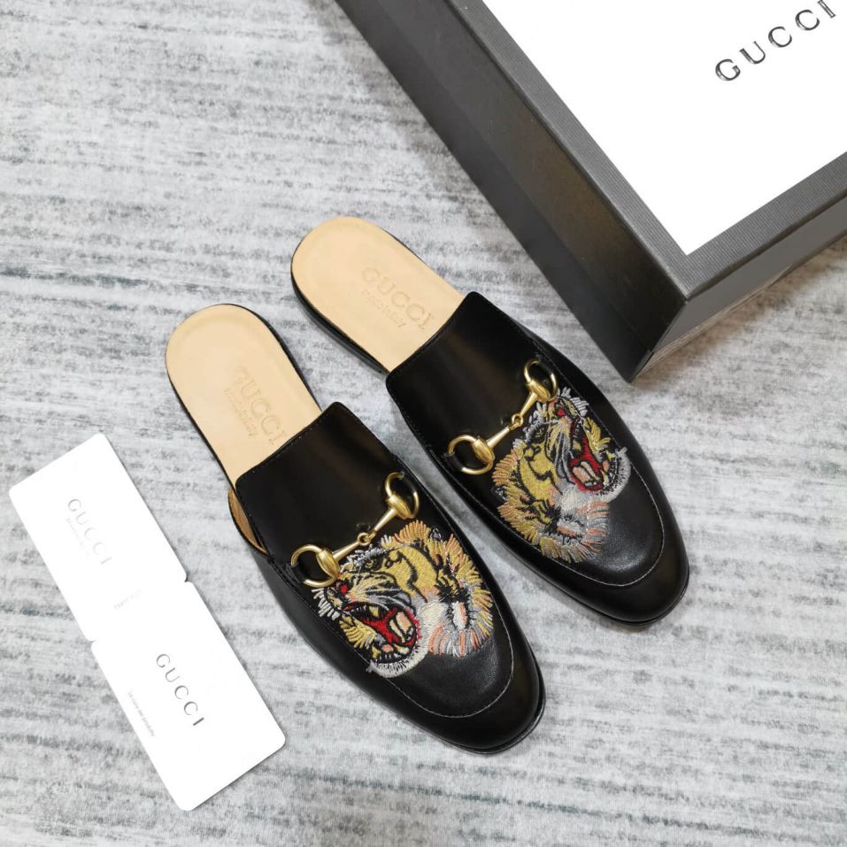 GG Leather Embroidery Bee Men Slippers