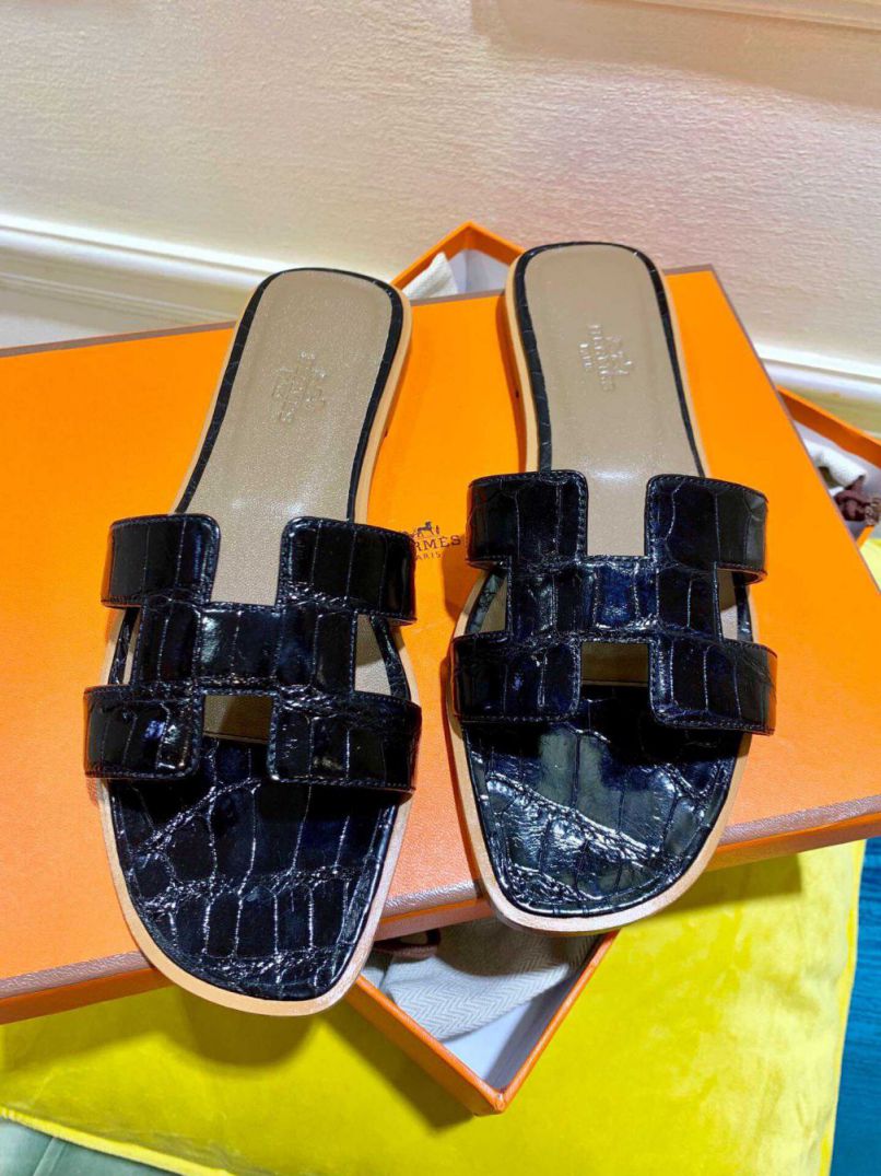 Hermes Crocodile H Slide Women Shoes