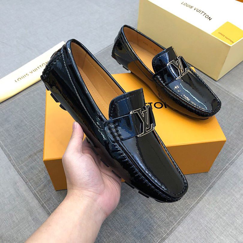 2019 LV Black Patent Apricot Leather Men Loafers