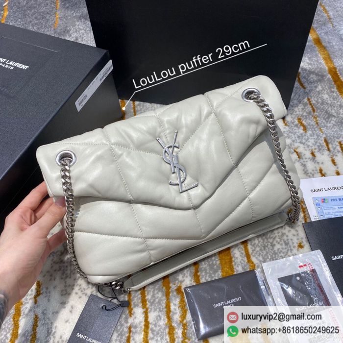 YSL LOULOU PUFFER Small Lambskin 577476 White Small Silver Buckle Shoulder Bags