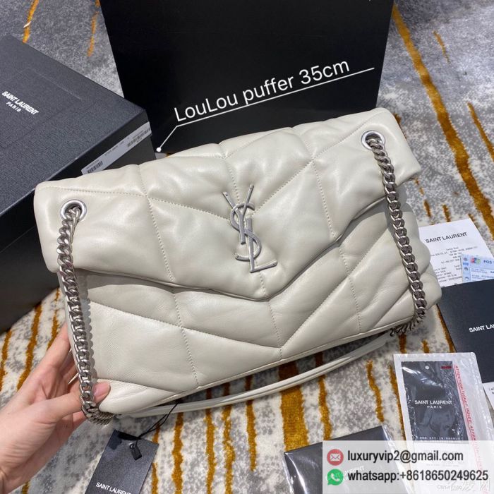 YSL LOULOU PUFFER Large Lambskin 577475 White Silver Buckle Shoulder Bags