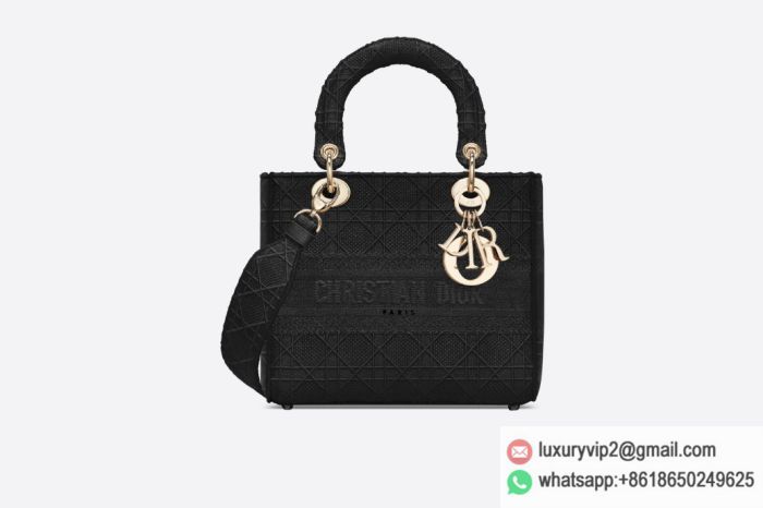 Dior Medium Black Embroidery Lady D-Lite M0565OREY_M989 Tote Bags