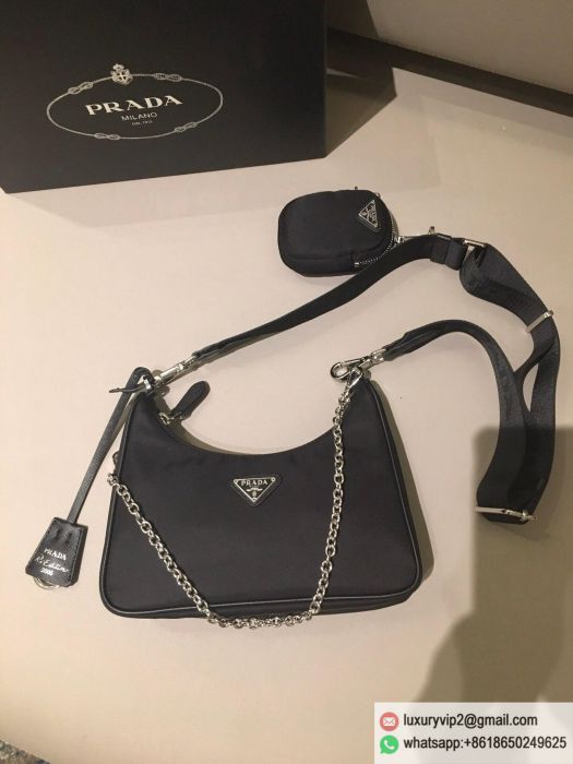Prada 2020 Nylon Hobo 3-in-1 Chain 1BH204 Black Shoulder Bags