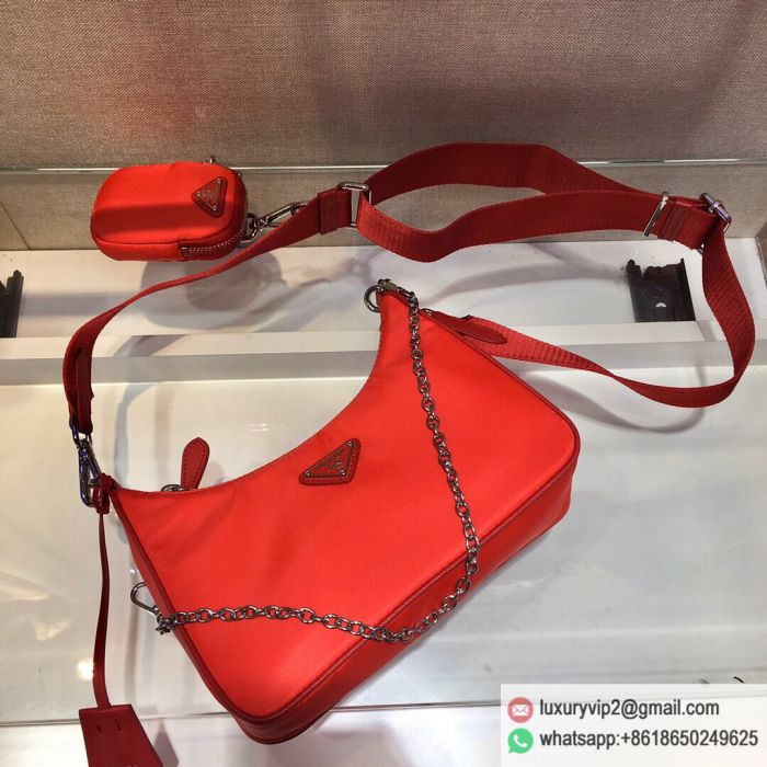 Prada 2020 Nylon Hobo 3-in-1 Chain 1BH204 Red Shoulder Bags