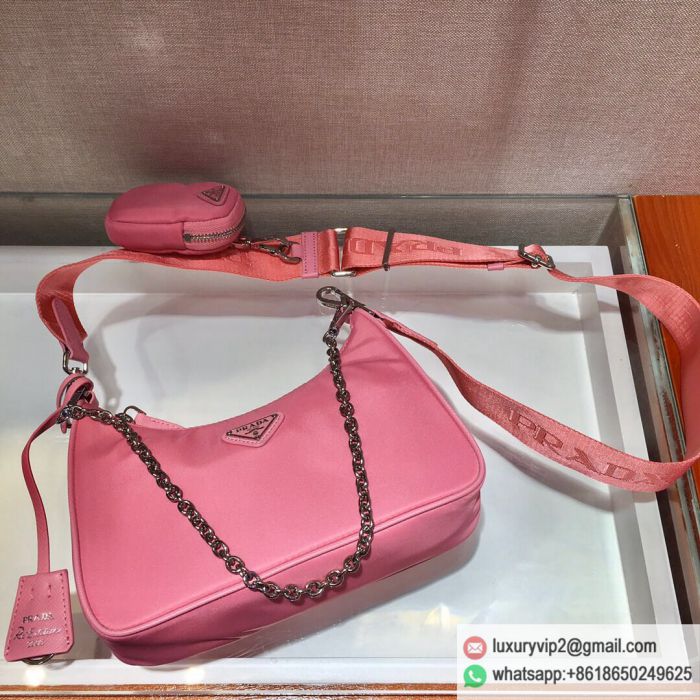 Prada 2020 Nylon Hobo 3-in-1 Chain 1BH204 Pink Shoulder Bags