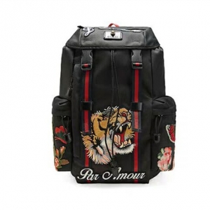 429037Gucci Embroidered Techpack Backpack Black Technical Canvas Applique Embroidered Tiger Pattern Men's Backpack