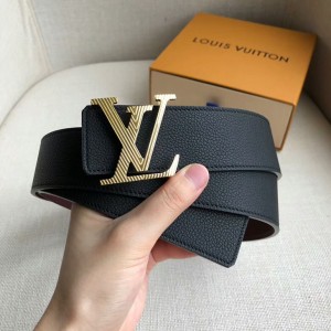 LV initials men's belt-LV men's Taurillon leather belt black
