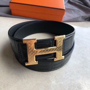 Hermes belt stainless steel H pattern metal buckle & imported cowhide embossed crocodile pattern belt