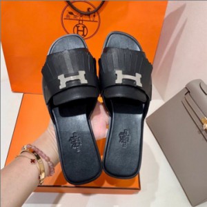 Hermes H Home 2020 latest H drag tassel fish mouth palladium-plated black ladies slippers