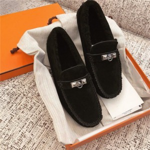 Hermes 2018 Japan counters are selling women's sheepskin wool loafers black