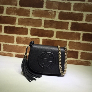 Gucci women's black large double G Logo fringed shoulder bag